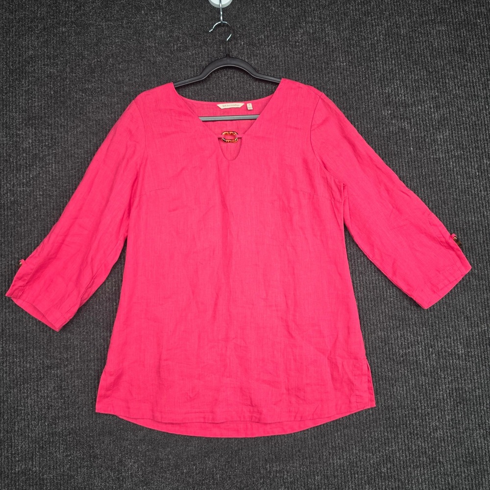 Soft Surroundings Pink 100% Linen V-Neck Tunic Top Tortoise Ring Detail Size S
